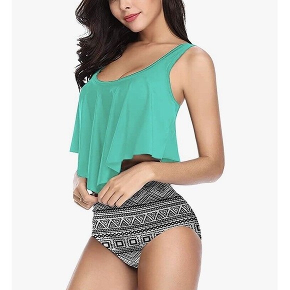 Fancyskin Womens XXL 2XL Swimsuit Bikini Teal Aztec High Waist Tummy Control New - Picture 1 of 9